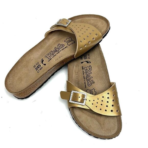 NWB Birkenstock Birkis Sandals Mallorca Gold Slides Rhinestone Buckle EUR 38 US7 - Picture 1 of 13